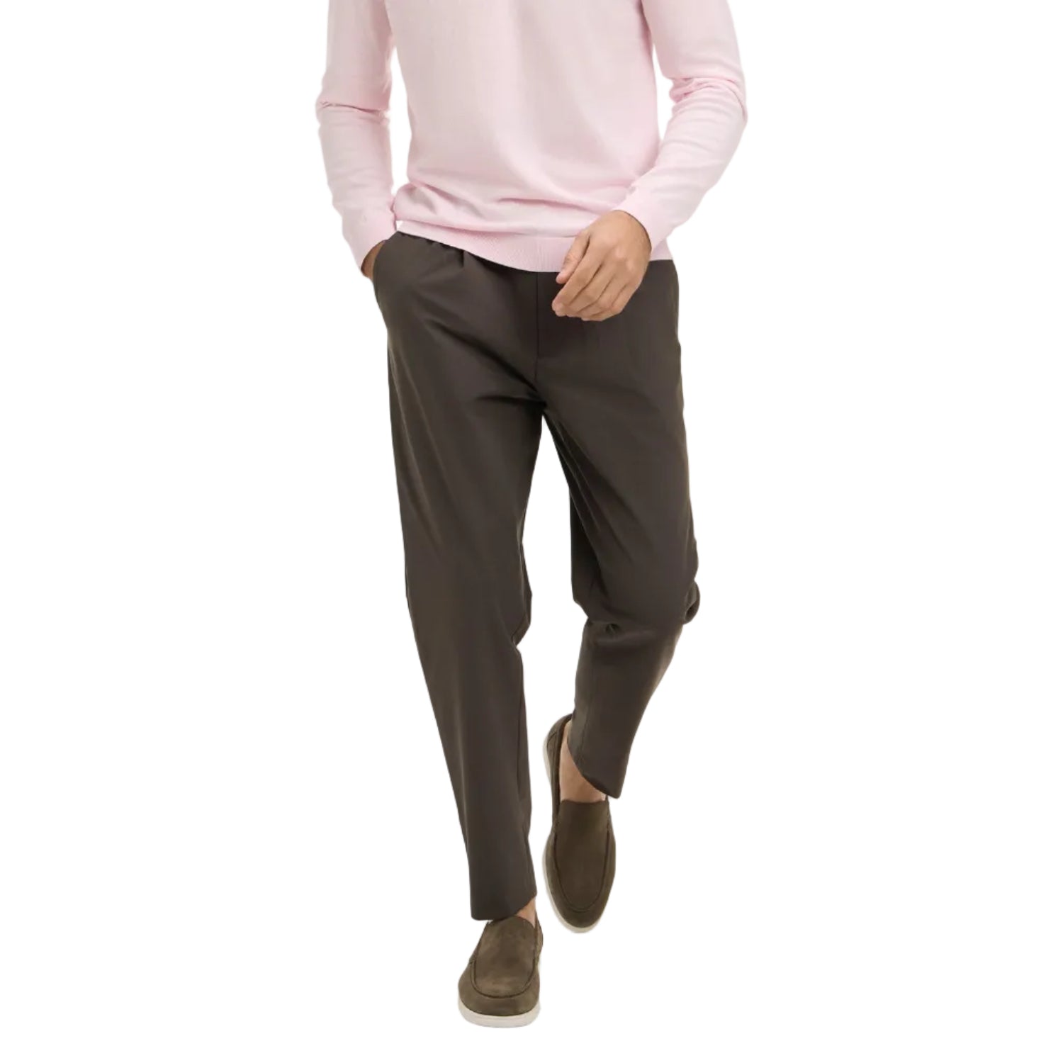 Dark blue relaxed-fit men's trousers with an elasticated waistband and side pockets, featuring a tapered leg.