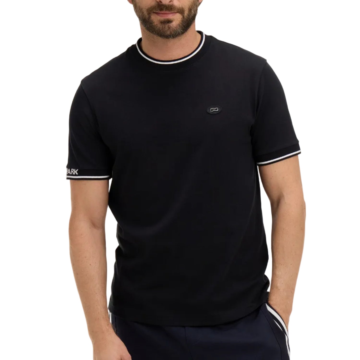 Black short-sleeved crew neck t-shirt with white striped ribbed collar and cuffs, and a small black logo patch.