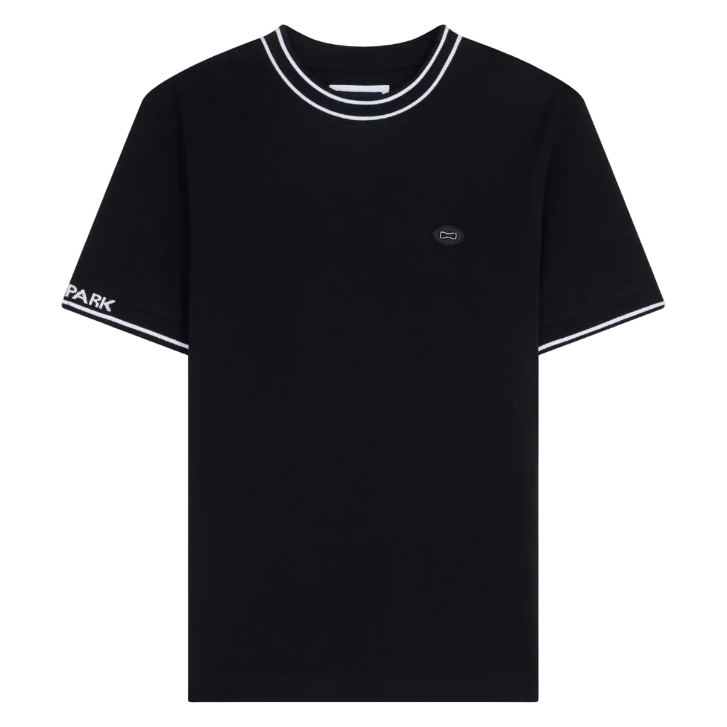 Black t-shirt with white double stripes on collar and sleeve hems. Dark patch with white symbol on left chest, "PARK" on left