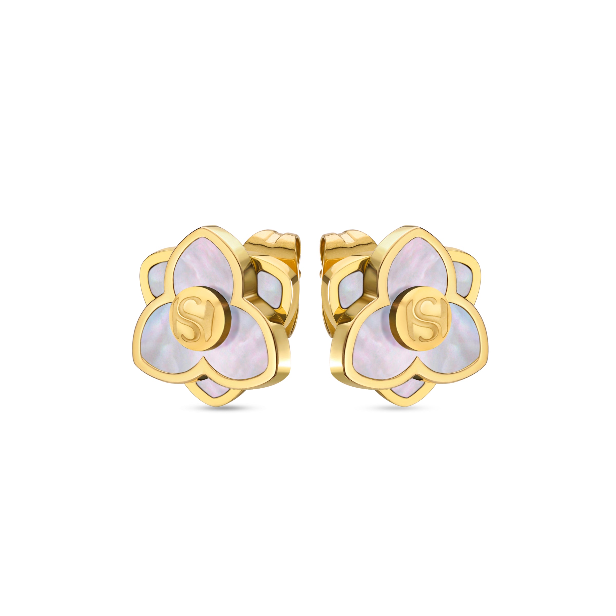 Pair of gold-toned stud earrings, each a three-petal flower with iridescent mother-of-pearl inlay and a central gold-toned 'S