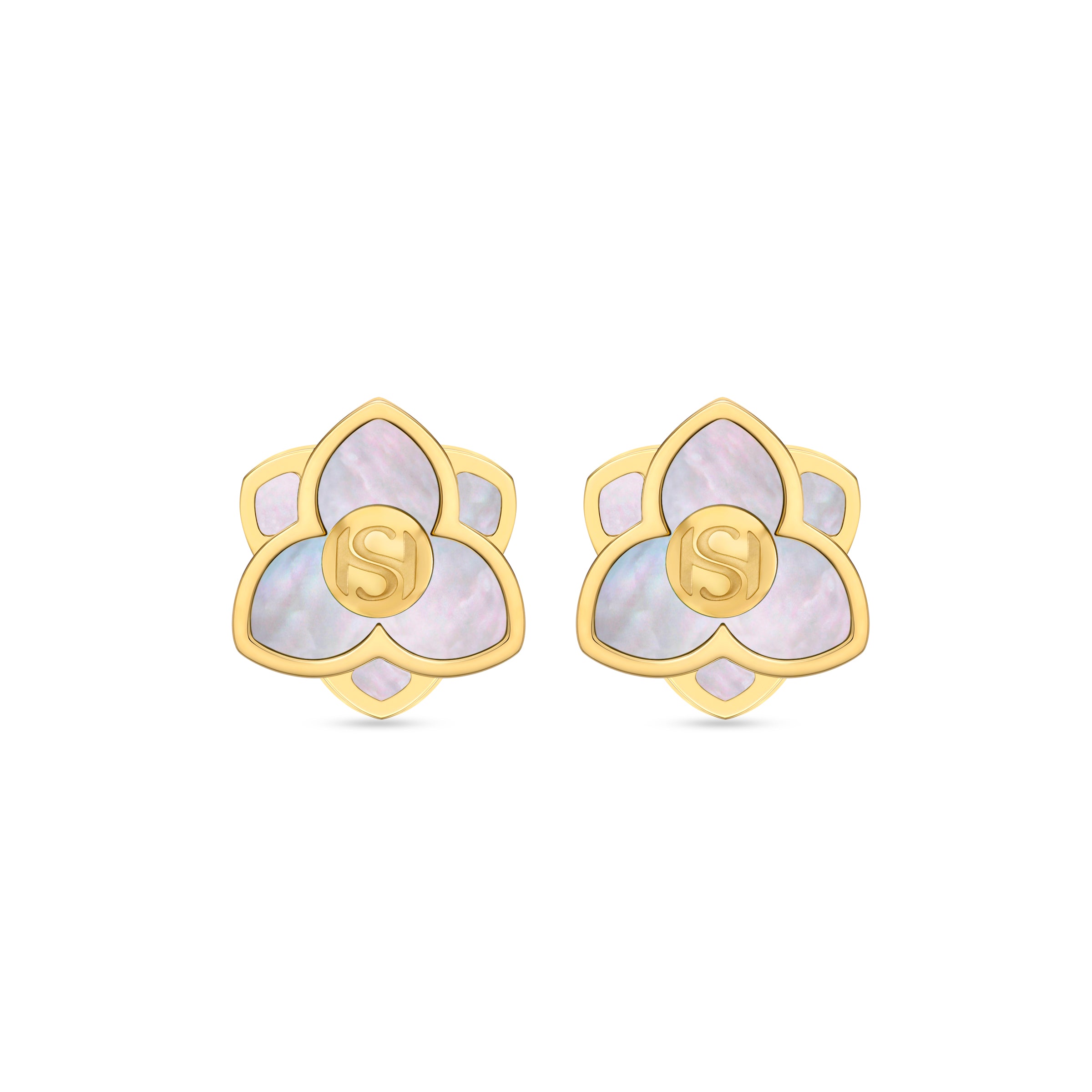 Pair of gold-toned flower stud earrings with three iridescent mother-of-pearl petals and a central gold-toned 'S' initial.