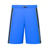 French blue swim shorts, white black-tipped drawstring. Black side stripes with white trim; "EMPORIO ARMANI" on right.
