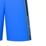 French blue boxer beachwear with a black side stripe featuring "EMPORIO ARMANI" in white text.
