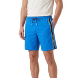 French blue relaxed-fit swim shorts with elasticated drawstring waist, side pockets, and a black and white side stripe.