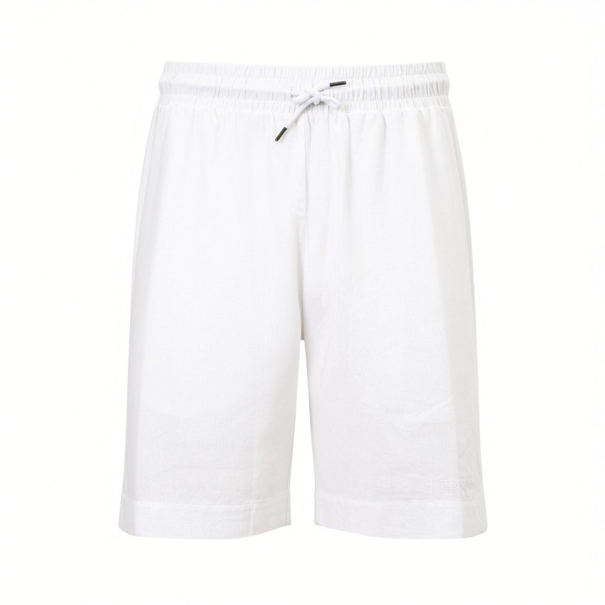 White bermuda shorts with an elasticated drawstring waist and black-tipped drawstrings. Made from a lightweight fabric.