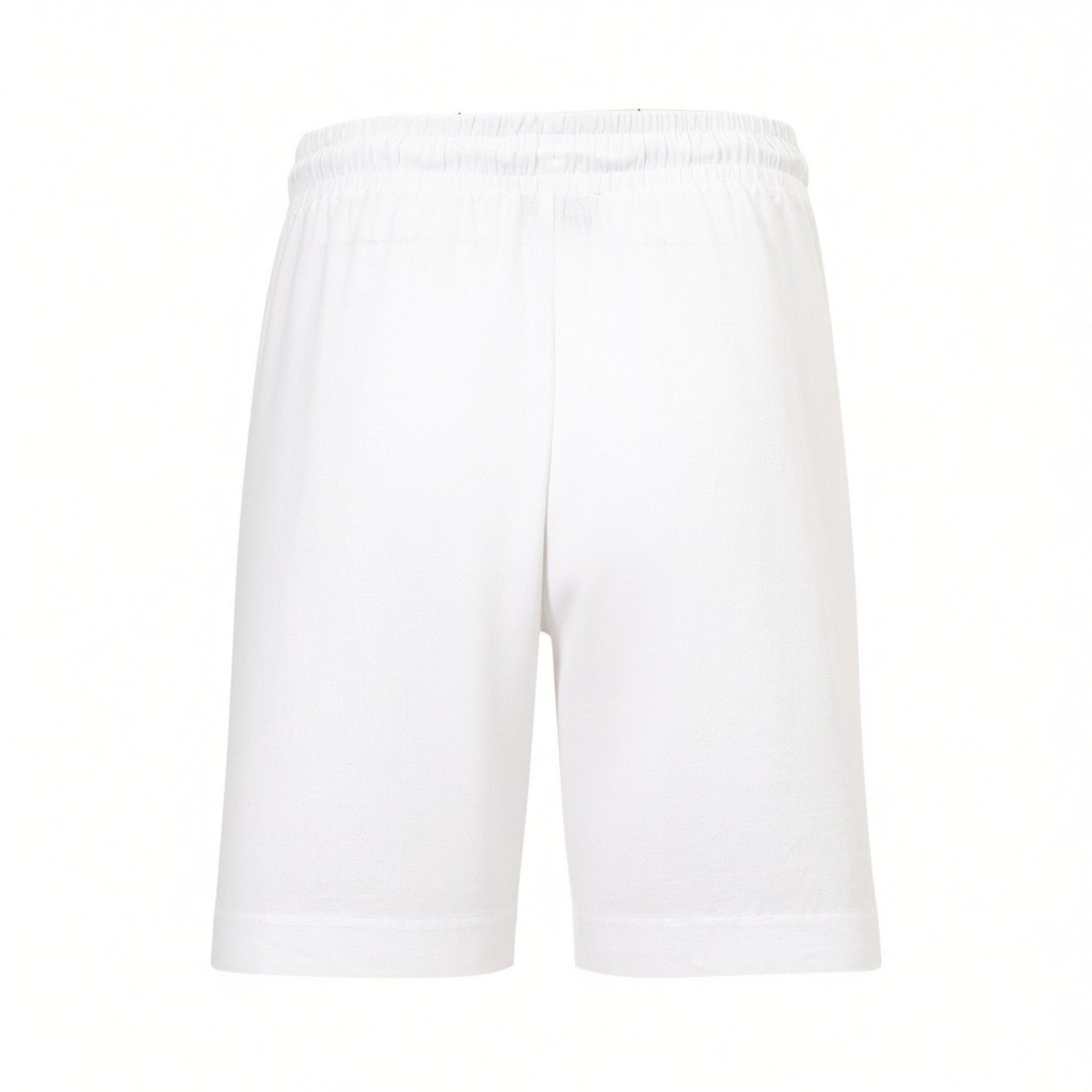 White bermuda shorts with a gathered elasticated waistband, straight leg, and mid-thigh length.