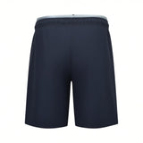 Dark blue boxer beachwear shorts with an elasticated waistband and a light grey inner trim.