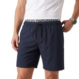 Navy blue relaxed-fit boxer beachwear shorts with an elasticated waistband, black drawstring, and side pockets.