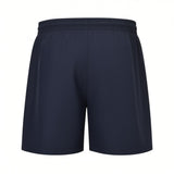 Dark navy blue boxer beachwear shorts with an elasticated waistband and smooth fabric, viewed from the back.