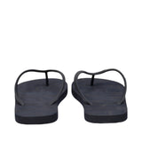 Black beachwear slippers with black thong straps and black soles. The right strap features a small white logo detail.