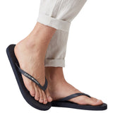 Pair of black flip-flops. The left strap has "EMPORIO ARMANI" in white. Both have ribbed straps and flat soles.