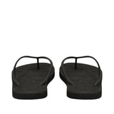 Black flip-flops with wood grain textured soles and thong straps.