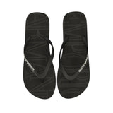 Pair of black flip-flops with thin black straps. The soles feature a subtle debossed 'ARMANI' pattern and white 'EMPORIO ARMA
