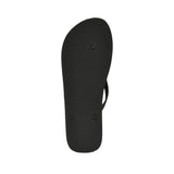 Black flip-flop, bottom view. Black sole with horizontal ridges and three circular strap attachment points.