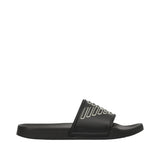 Black Emporio Armani men's slide slipper with a wide strap featuring a white outline logo and a contoured footbed.