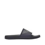 Black slide sandal with a wide strap featuring a white Emporio Armani eagle logo. 'EMPORIO ARMANI' is embossed on the sole.