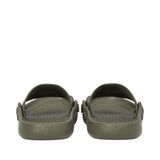 Pair of olive matte rubber beachwear slippers with wide straps, textured hexagonal footbeds, and an embossed eagle logo on ea