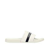 Emporio Armani men's off-white slide slipper with a ribbed strap and a black vertical stripe featuring the brand name.