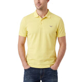 Lemon yellow short-sleeved polo shirt with a two-button placket and an embroidered logo on the chest.