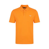 Orange short-sleeved polo shirt with a collar, three-button placket, and a light orange embroidered eagle logo on the left ch