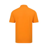 Back view of a plain orange short-sleeved polo shirt with a ribbed collar.