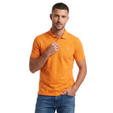 Orange short-sleeve polo shirt with a two-button placket, ribbed collar and cuffs, and a light-colored embroidered logo on th