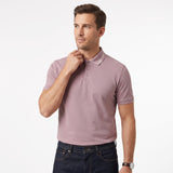 Old rose short-sleeved men's polo shirt with a three-button placket and white 'EMPORIO' embroidery on the collar.