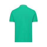 Emerald green polo shirt, back view. Features a collar and short sleeves, both with white stripe trim.