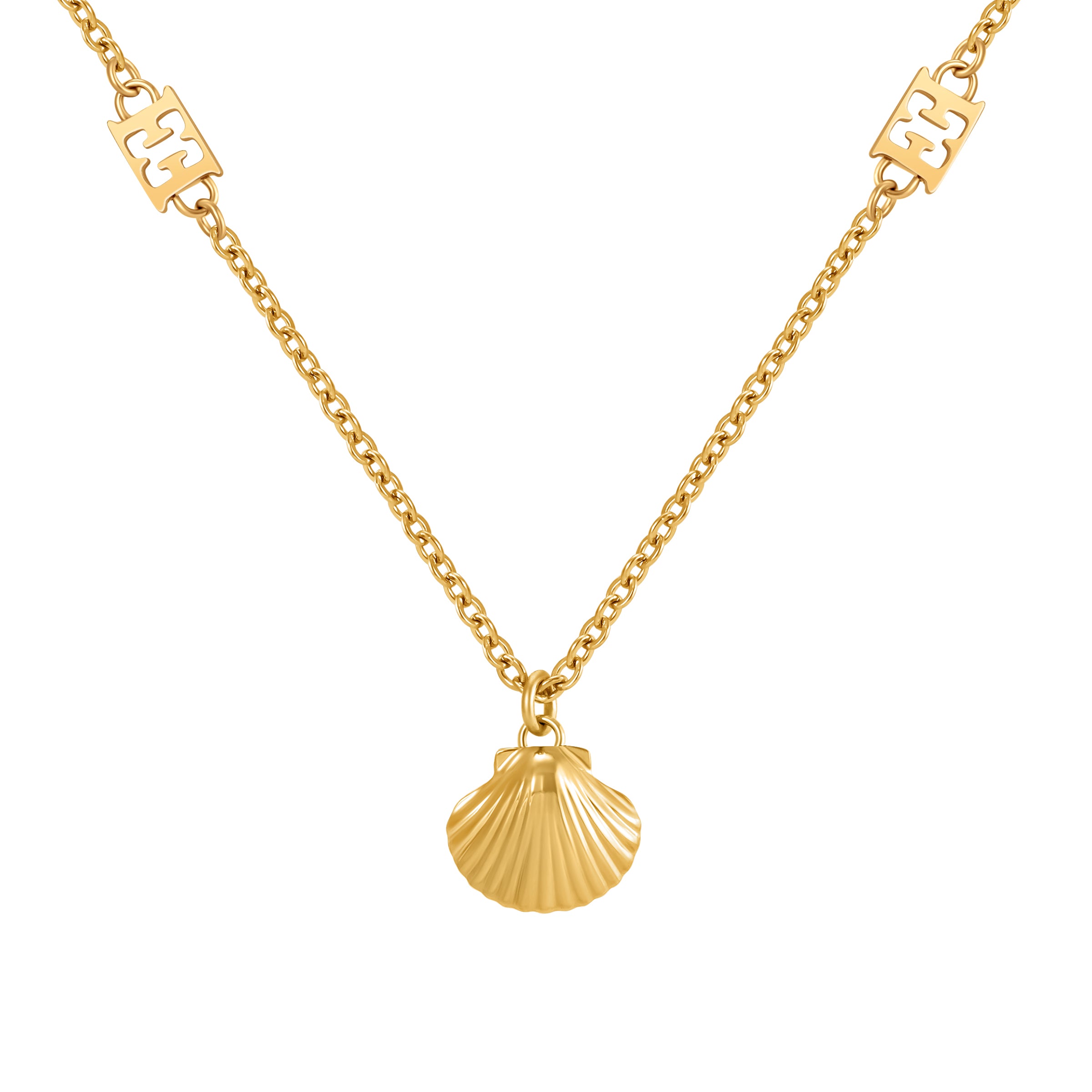 Gold-toned chain necklace with a ribbed scallop shell pendant and two rectangular logo elements integrated into the chain.