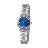 Silver-toned watch with a blue dial, gold-toned hands, and three square diamond markers. It features a silver-toned stainless