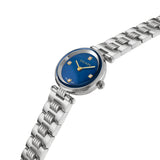 Silver-toned watch with a blue dial, four diamond-like markers, gold-toned hands, and a silver-toned metal bracelet with ridg