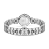 Silver-toned watch, back view. Round case with engravings, surrounded by square decorative elements. Metal link bracelet with