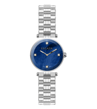 ESCADA women's watch with a silver-toned stainless steel case and bracelet, and a blue mother of pearl dial with diamond mark