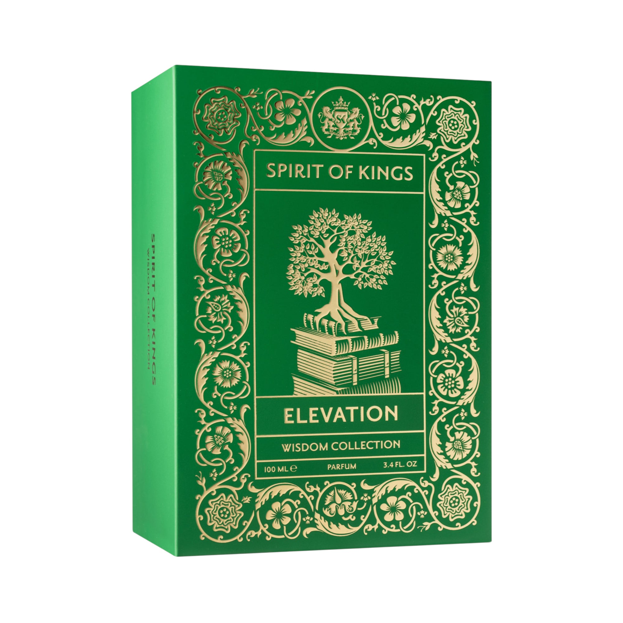 Green rectangular perfume box with gold-toned ornate frame, a tree on books illustration, and 'Spirit of Kings Elevation' tex
