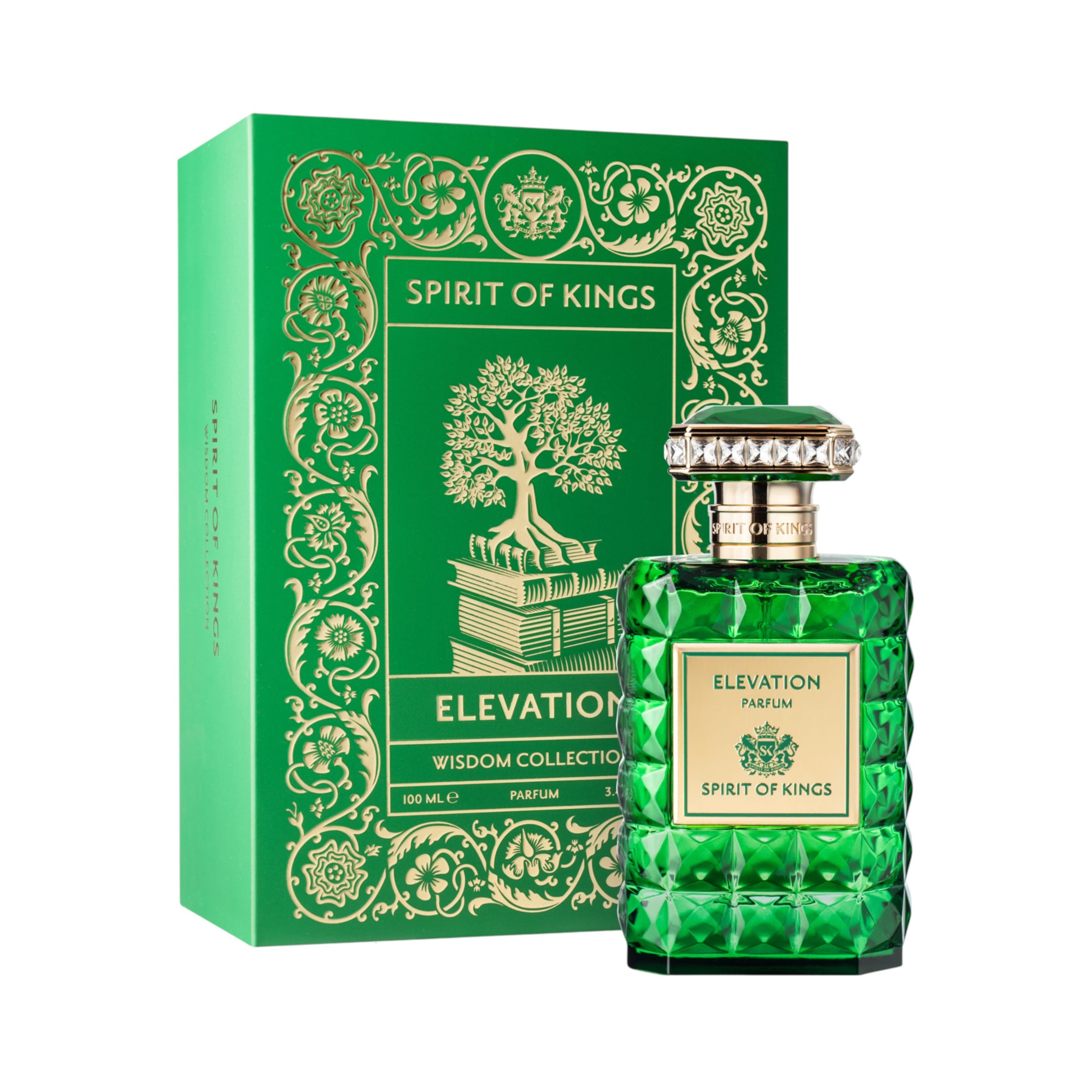 Emerald green faceted glass perfume bottle with a gold-toned label and gem-studded cap, beside a matching green box with gold