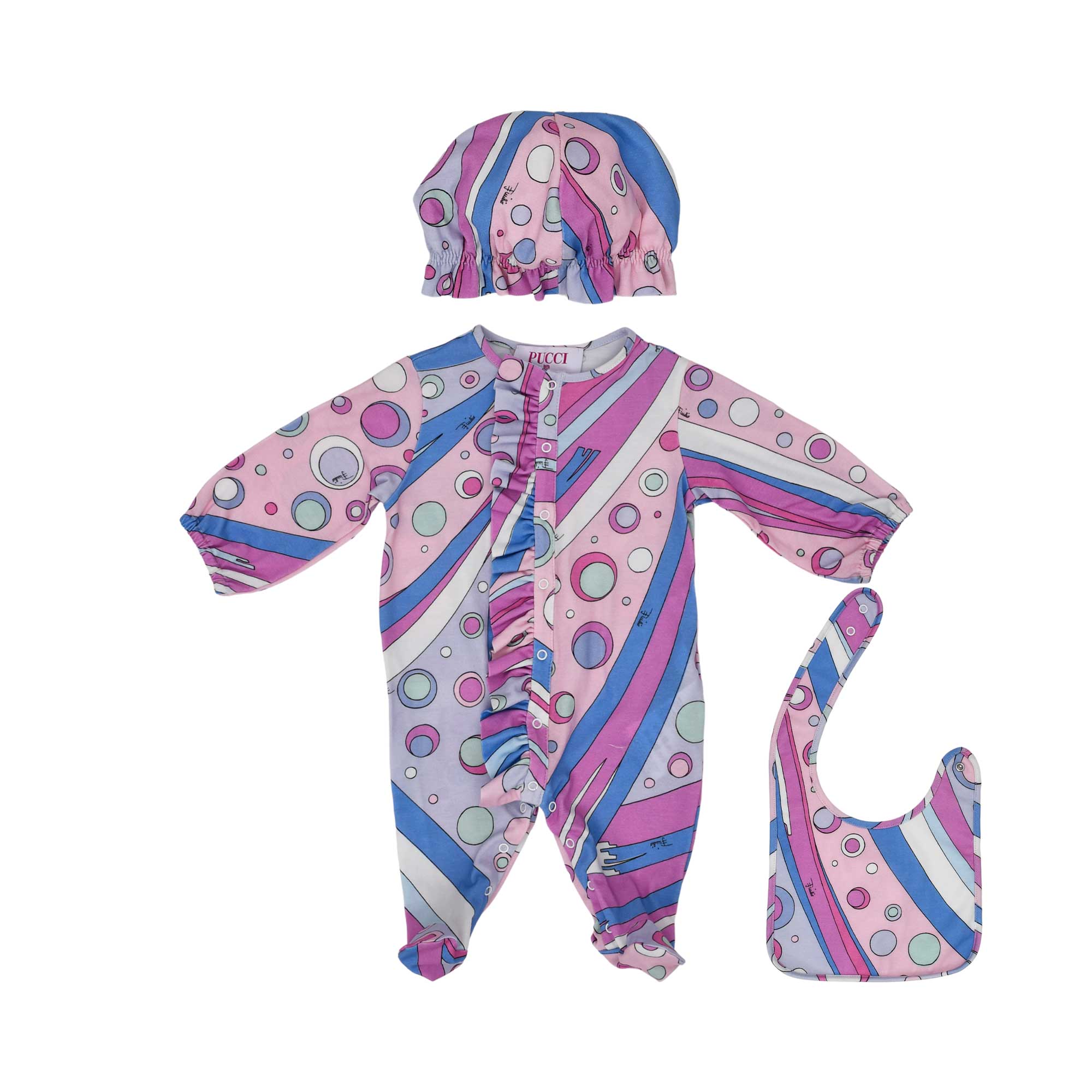 Emilio Pucci Kids New Born Girl's Set of Sleepsuit & Hat & Bib | New Born | New Born Babysuits | New Born Girl (0M - 9M) | New Born Girl Babysuits | Set Sleepsuit | Set Sleepsuit & Bib & Hat | Sleepsuit Set