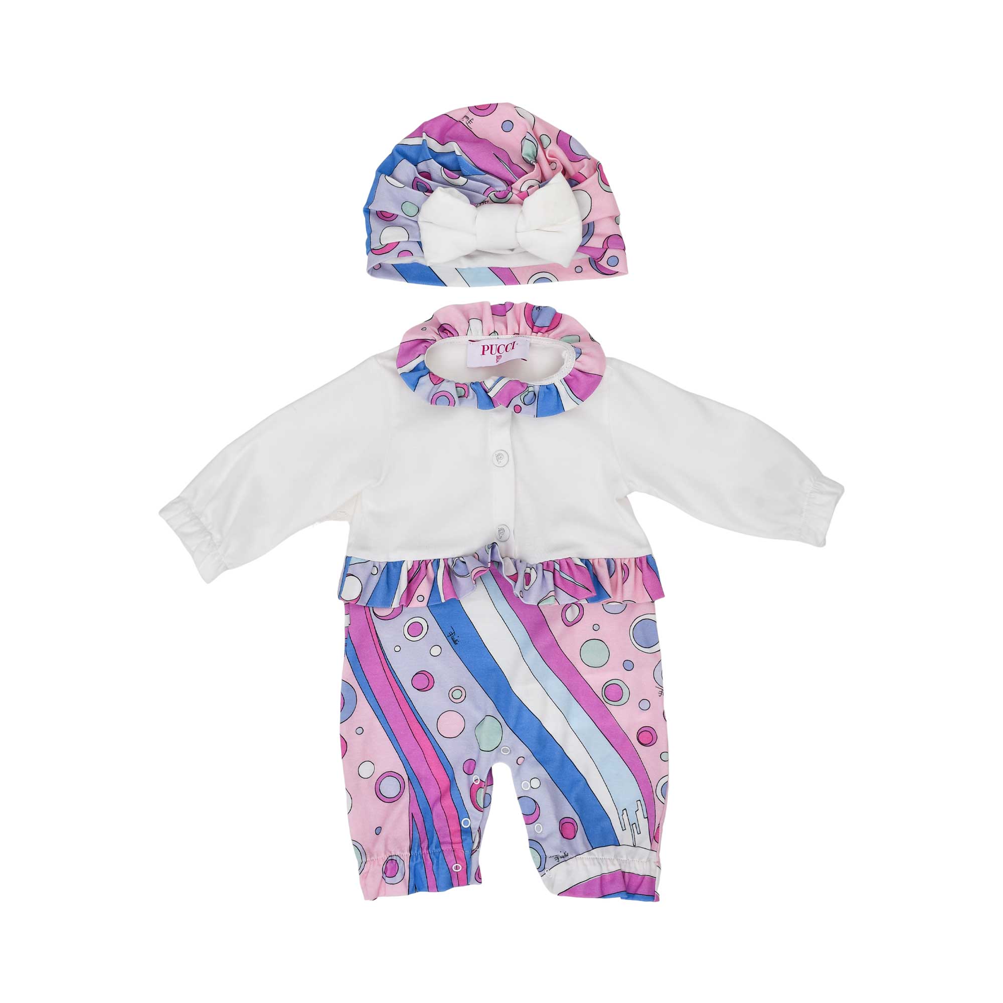 Emilio Pucci Kids New Born Girl's Set of Sleepsuit & Hat | New Born | New Born Babysuits | New Born Girl (0M - 9M) | New Born Girl Babysuits | Set Sleepsuit | Set Sleepsuit & Hat | Sleepsuit Set