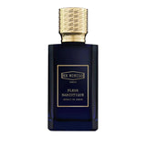 Dark blue rectangular perfume bottle with a gold-toned, textured cap and a gold-bordered label.