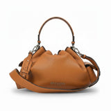 Rear View of a Brown leather handbag with visible brand name on a white background.