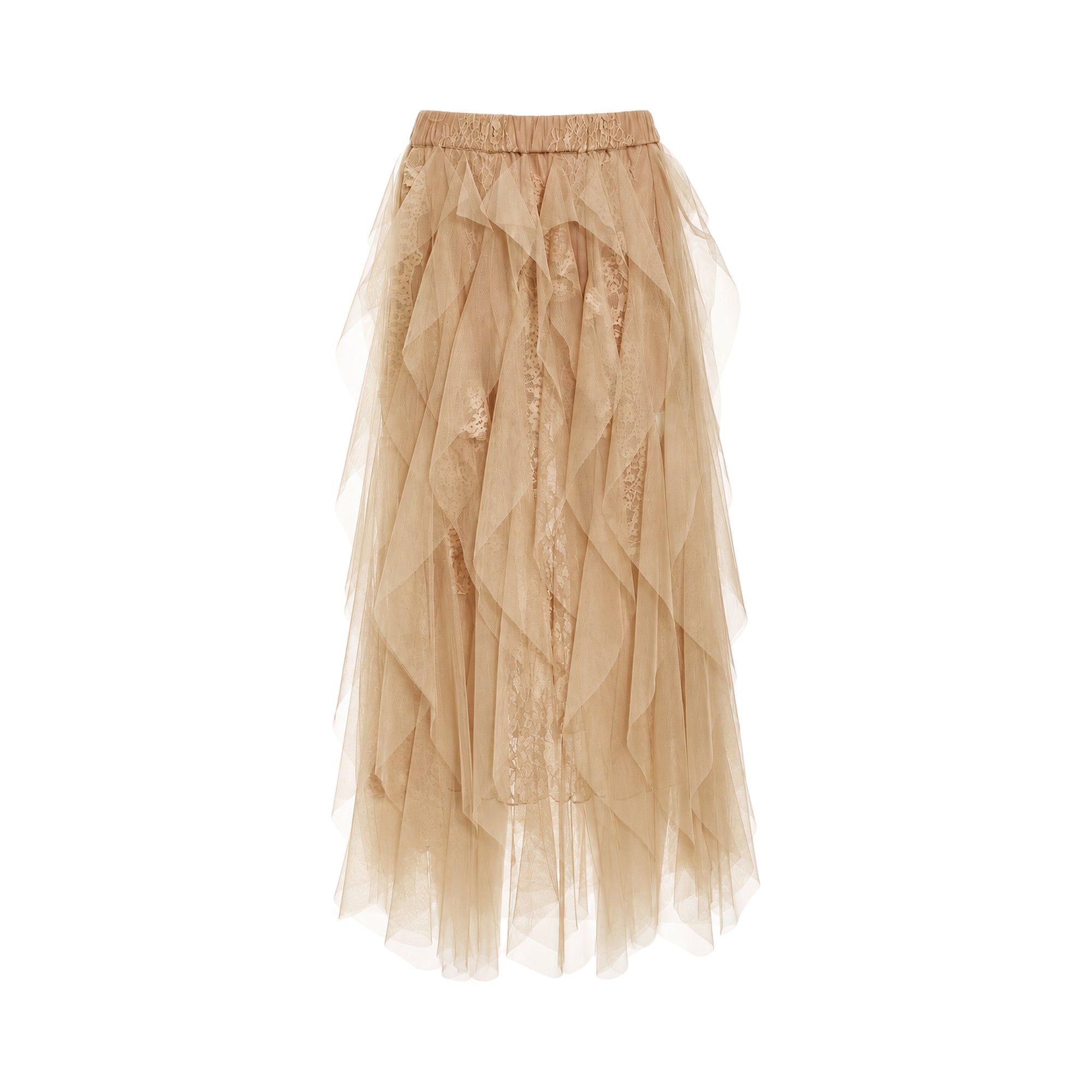 Brown sugar tiered tulle maxi skirt with an elasticated waistband and underlying lace details.