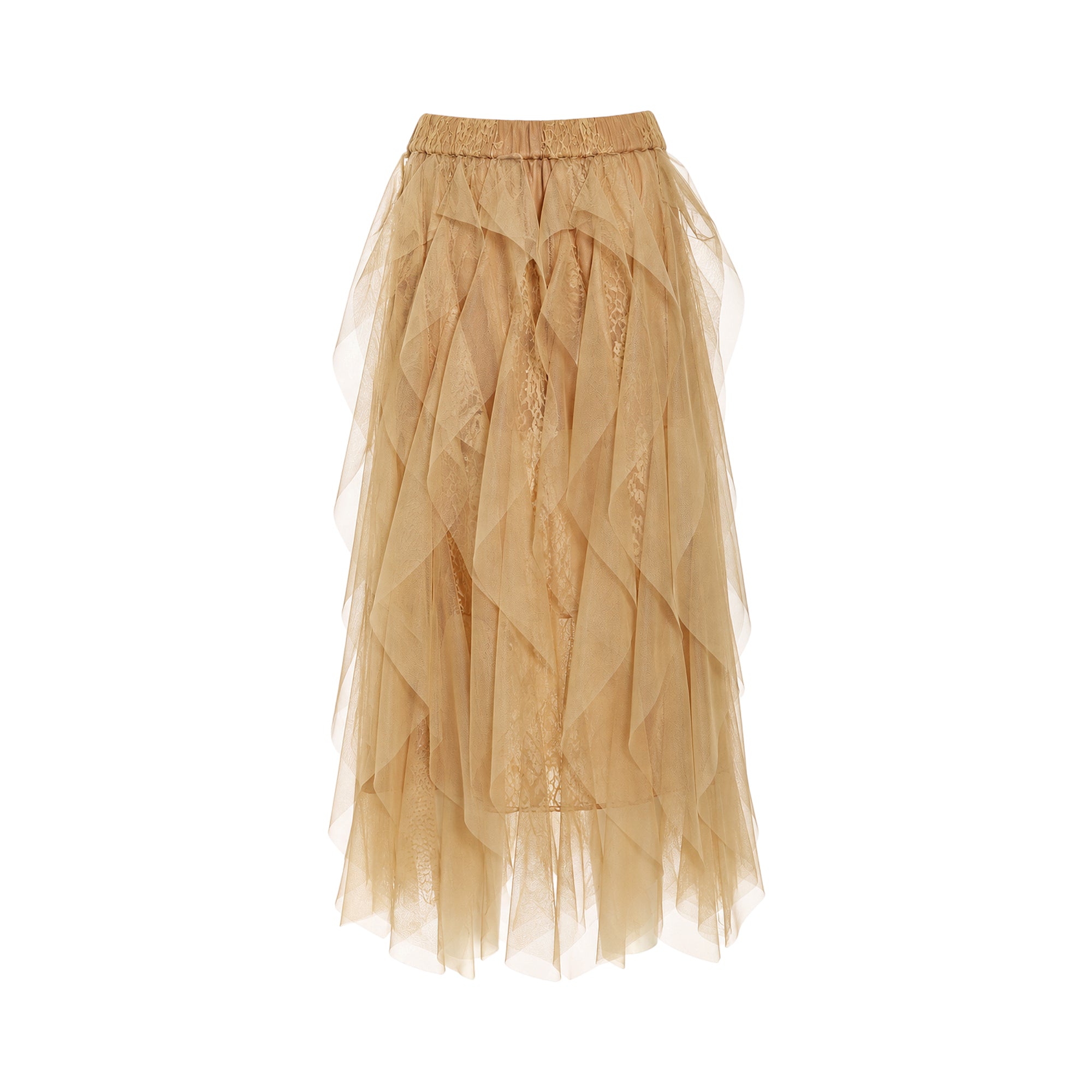 Brown sugar midi skirt with an elasticated waist, featuring multiple ruffled and draped layers of sheer tulle over a lace-pat