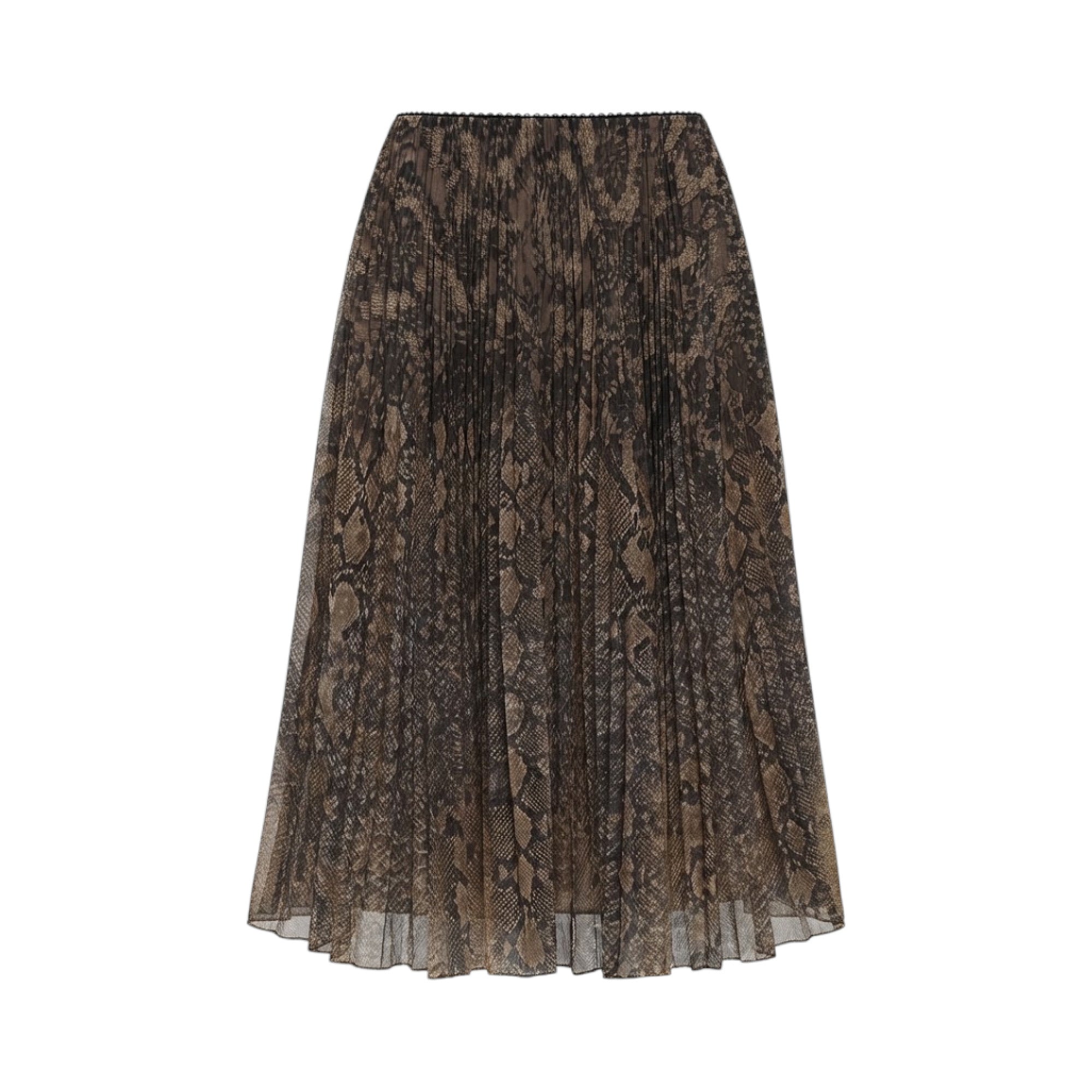 Light brown and black snakeskin print pleated midi skirt with an elasticated waistband, laid flat.