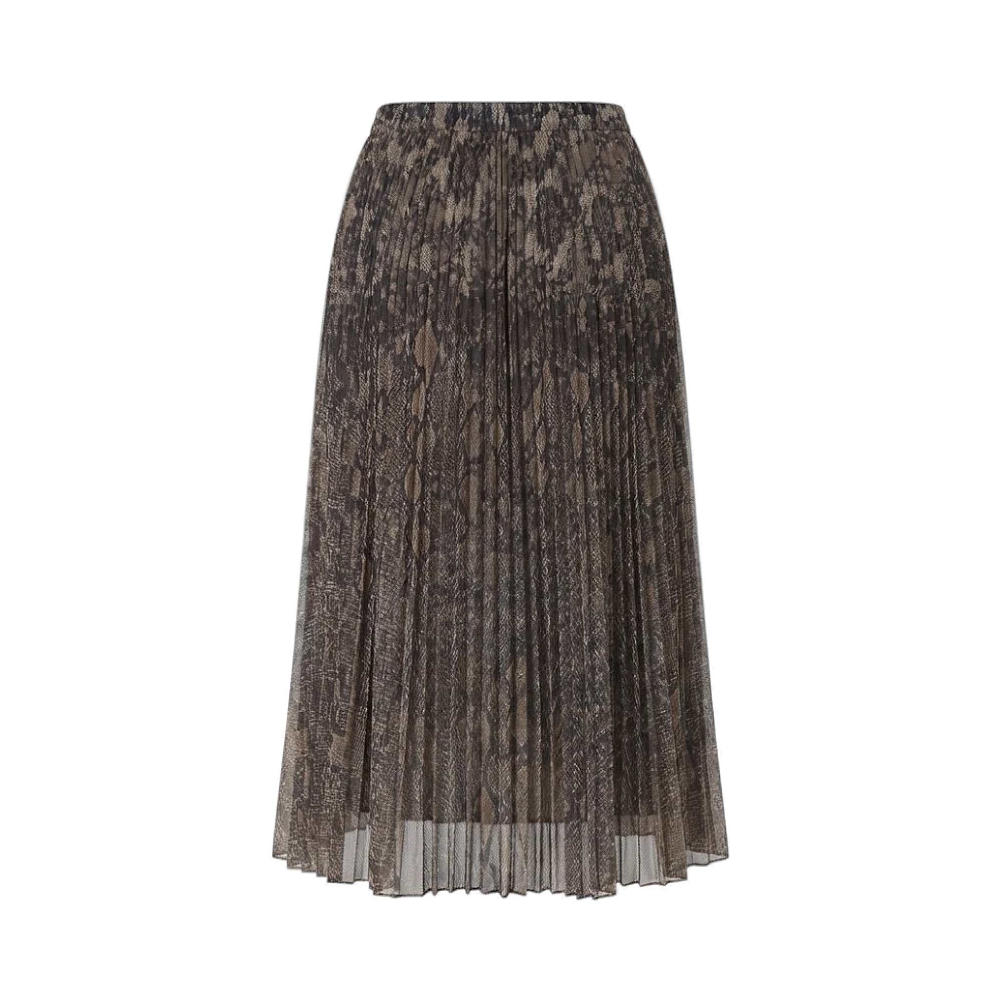Light brown and black pleated midi skirt with an all-over snakeskin print. It has an elasticated waistband.