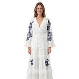 Front view of a smiling model wearing the embroidered white Ermanno  maxi dress from BLUE SALON shop, showcasing its detailed bodice and romantic shape.