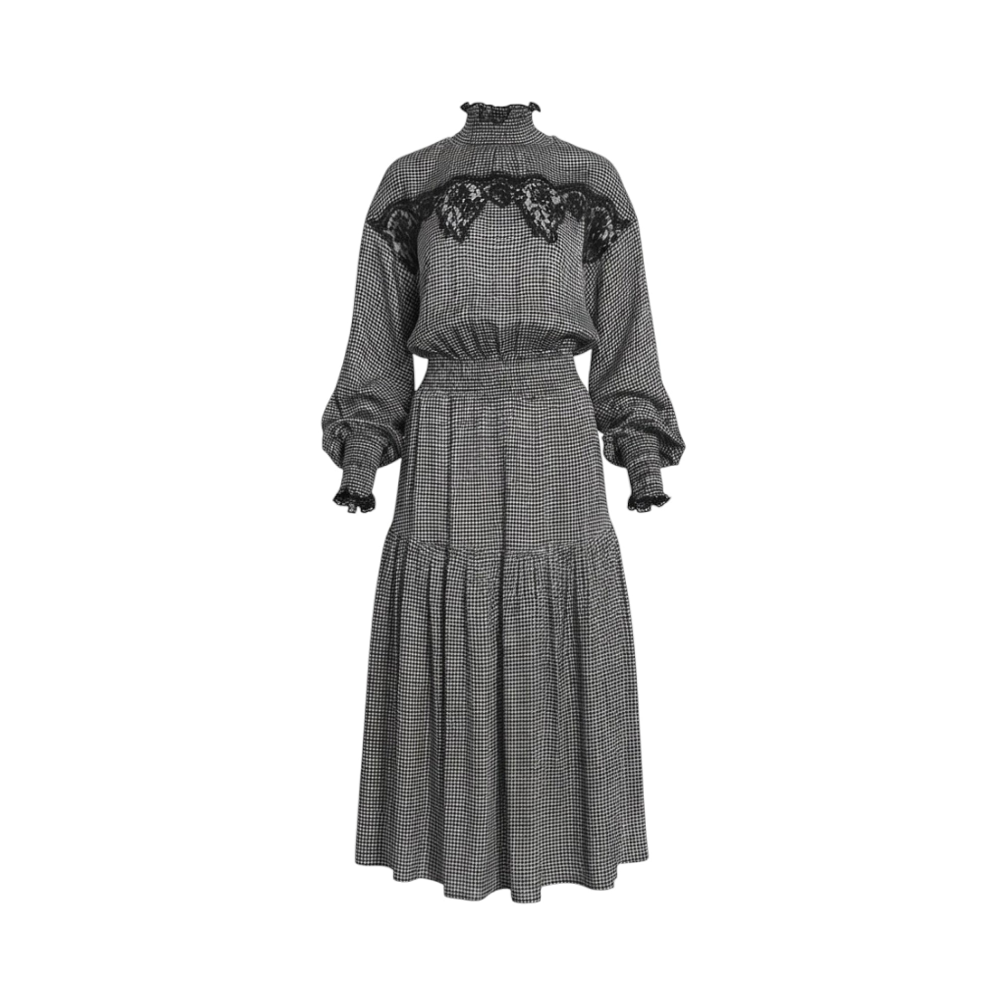 Off-white and black patterned midi dress with ruffled mock neck, black lace bodice, smocked waist, and tiered skirt.