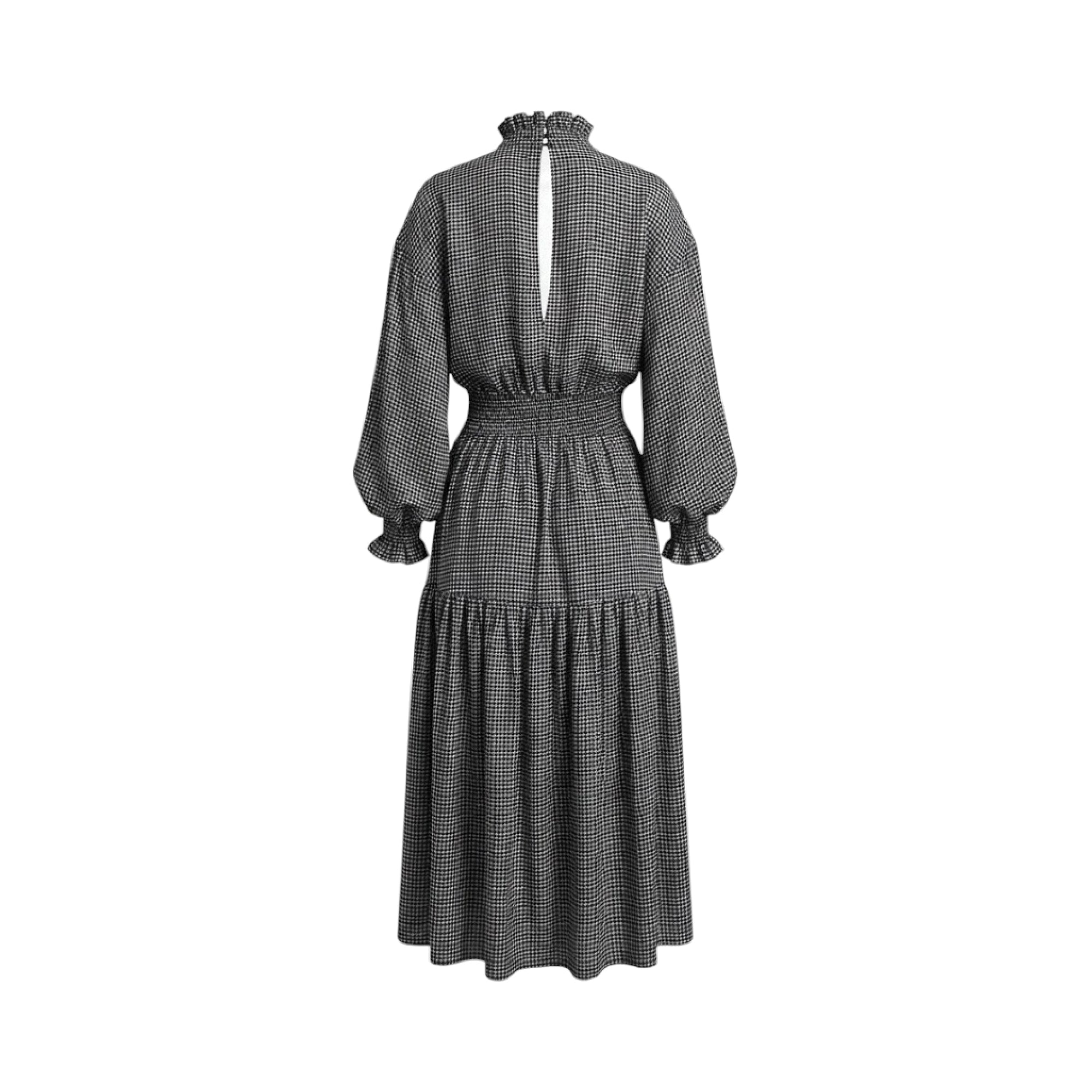 Off-white and black check midi dress with ruffled high neck, keyhole back, voluminous sleeves with ruffled cuffs, shirred wai