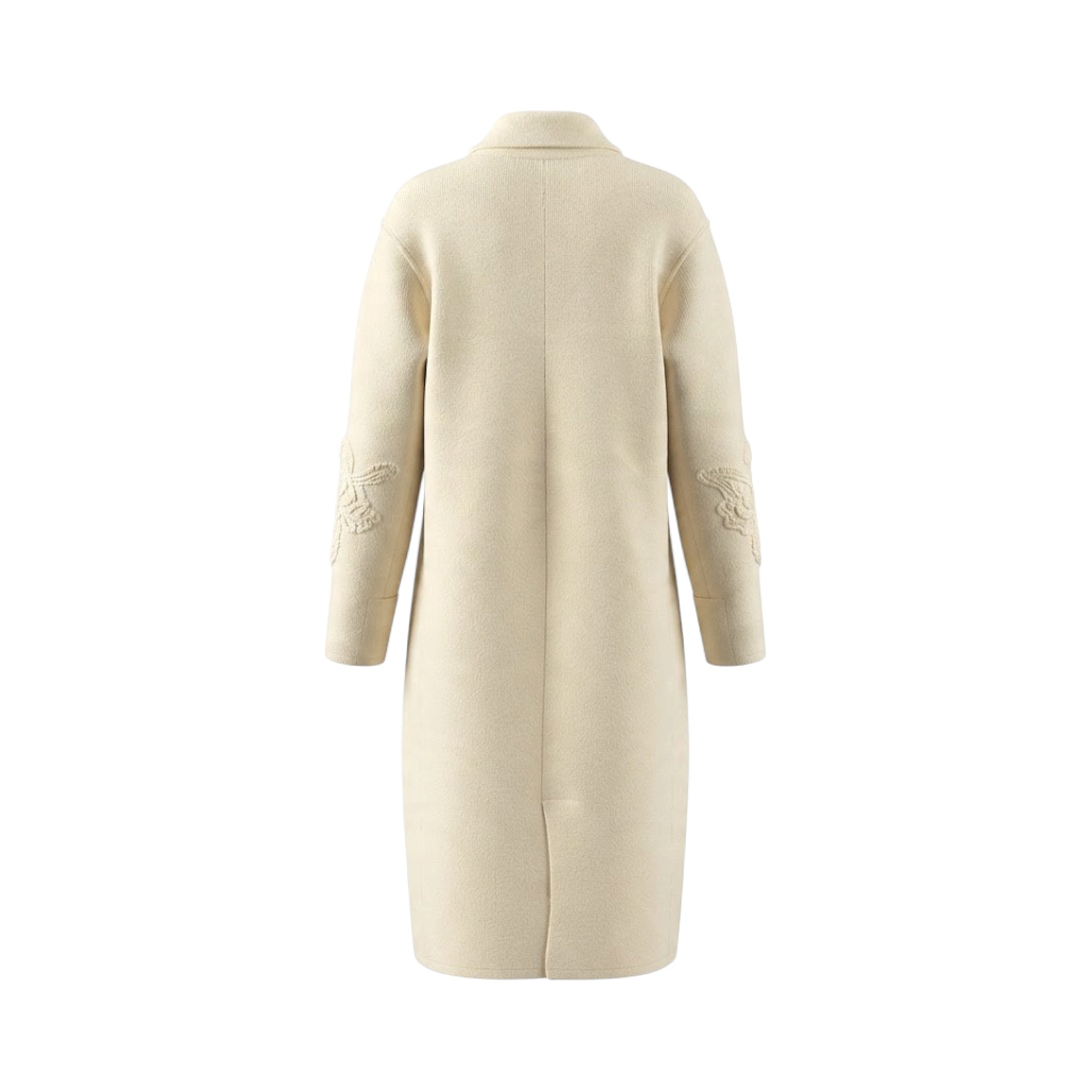 Beige long coat with a straight cut, lapel collar, and intricate cream-colored embroidery on both upper sleeves. Features a b