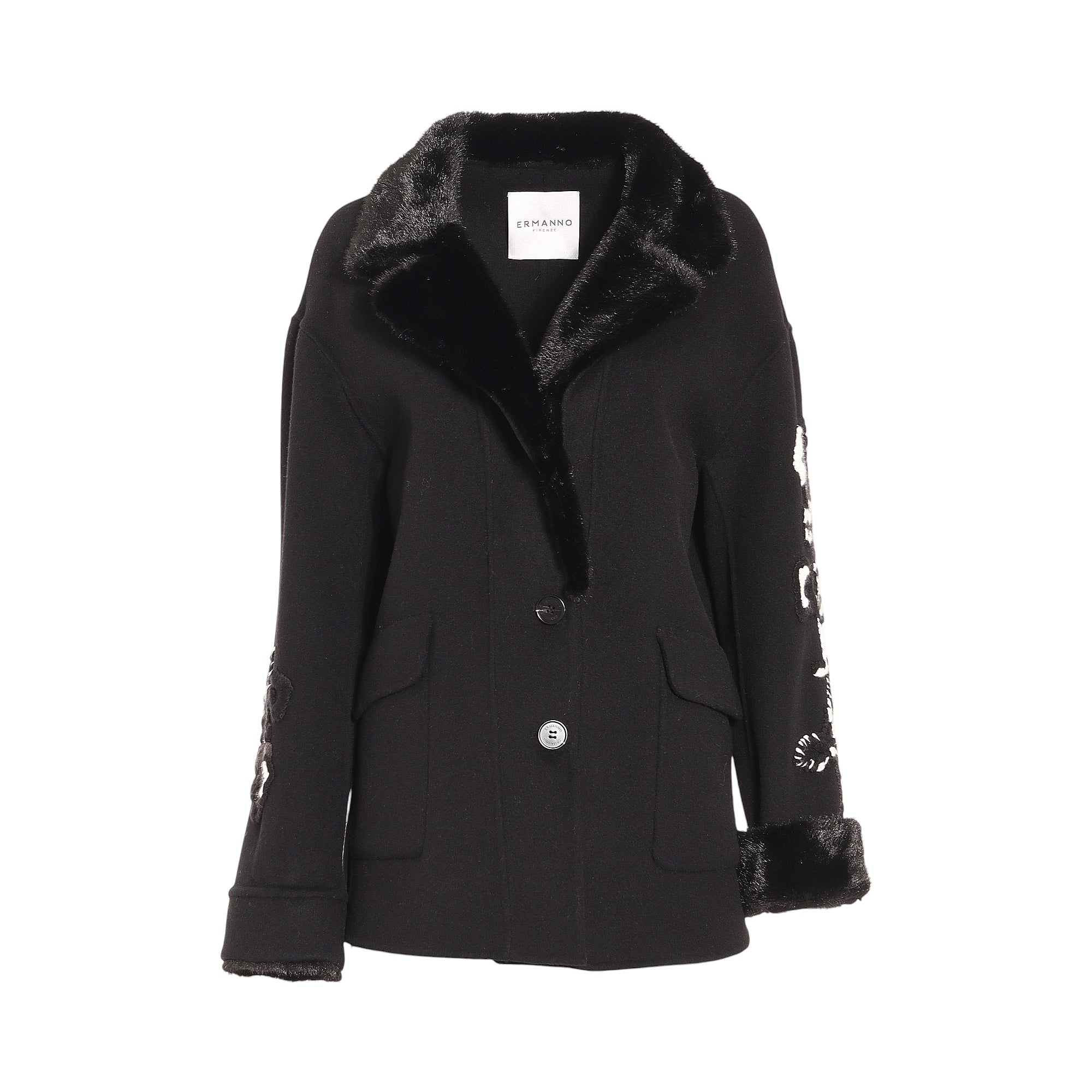 Black short-length jacket with black faux fur collar and cuffs, white embroidered sleeves, and two front flap pockets.