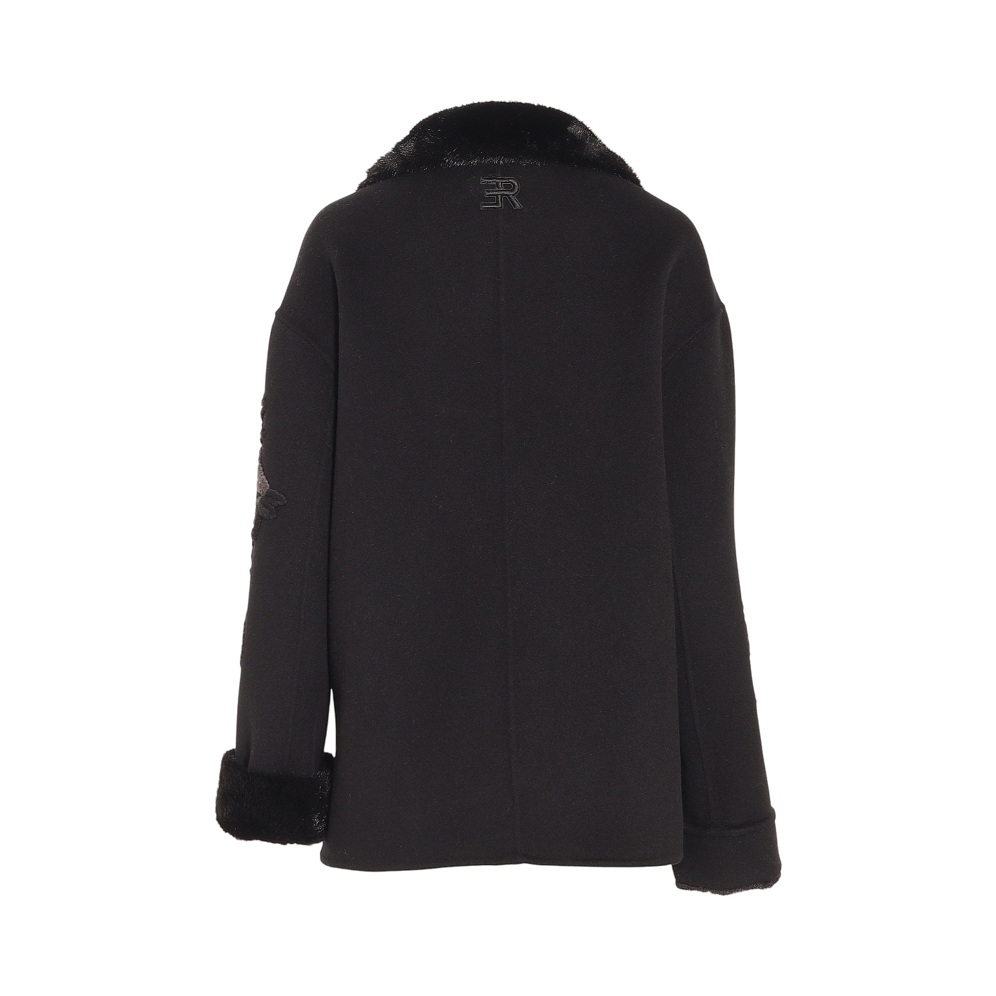 Black jacket with faux fur collar and left cuff. Features an embroidered 'R' logo on the back and dark floral appliques on th