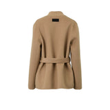 A camel-colored Ermanno Firenze belted wrap coat featuring a deep V-neckline and long sleeves against a white background.